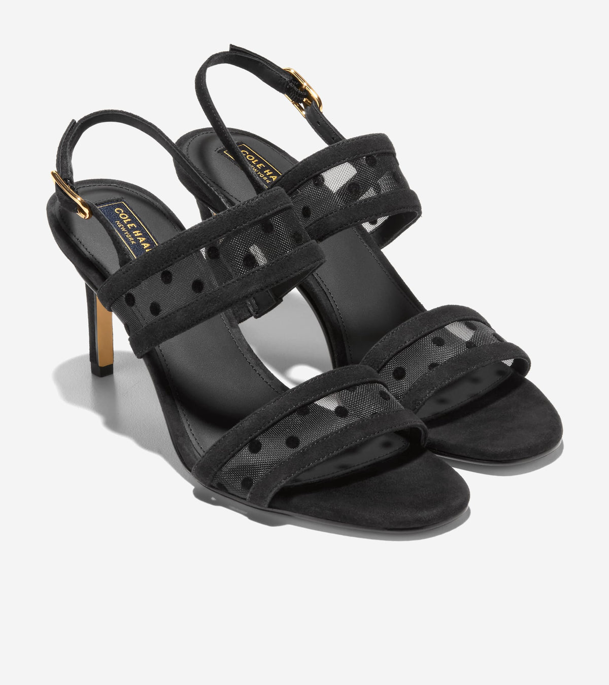 W37929:BLACK POLKA DOT MESH / BLACK SUEDE
